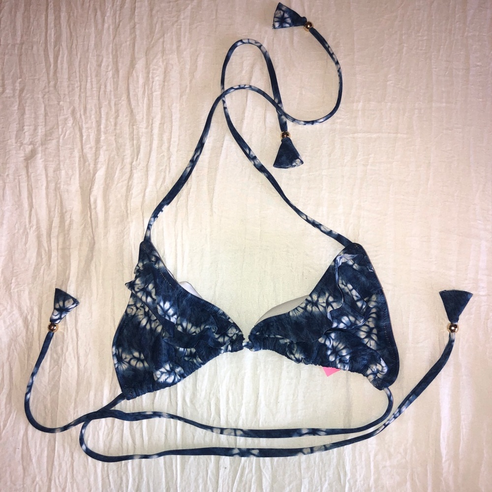 Blue and white ruffled bikini top